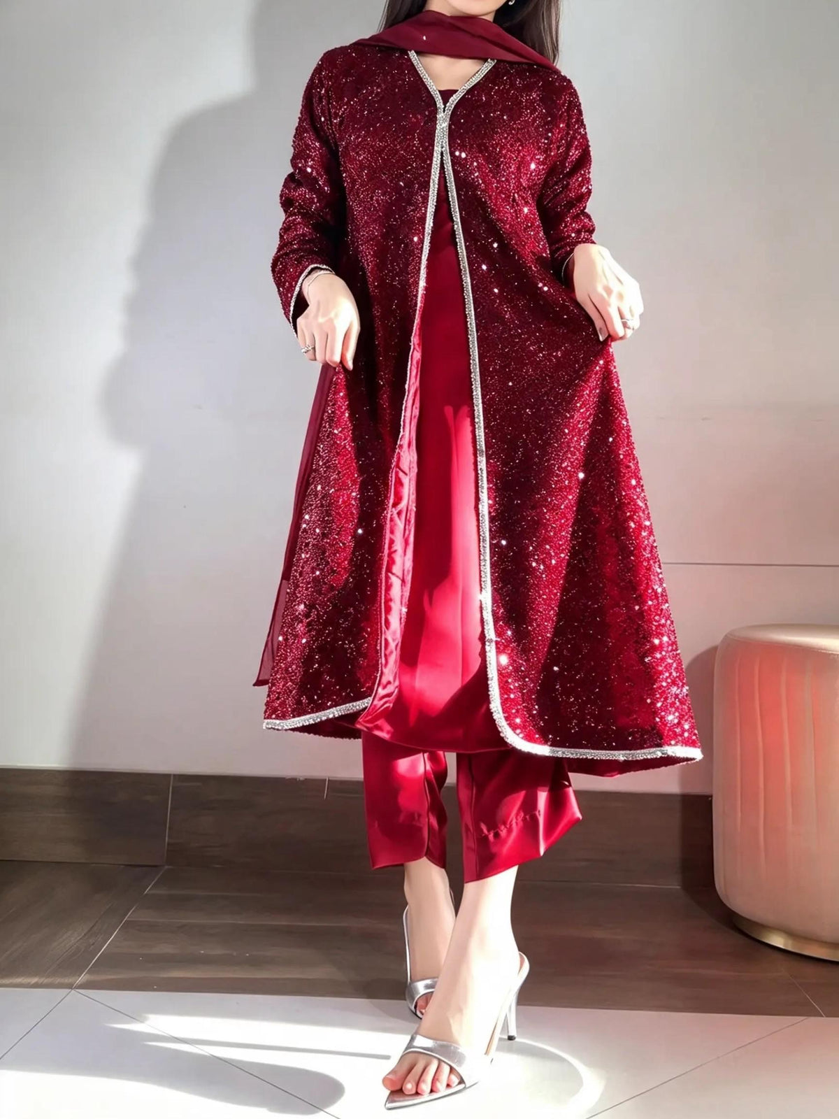 Red Sequin Jacket & Silk Trouser Set