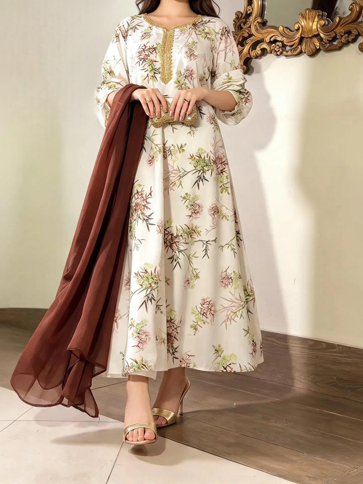 Off-White Printed Silk Long Frock Set