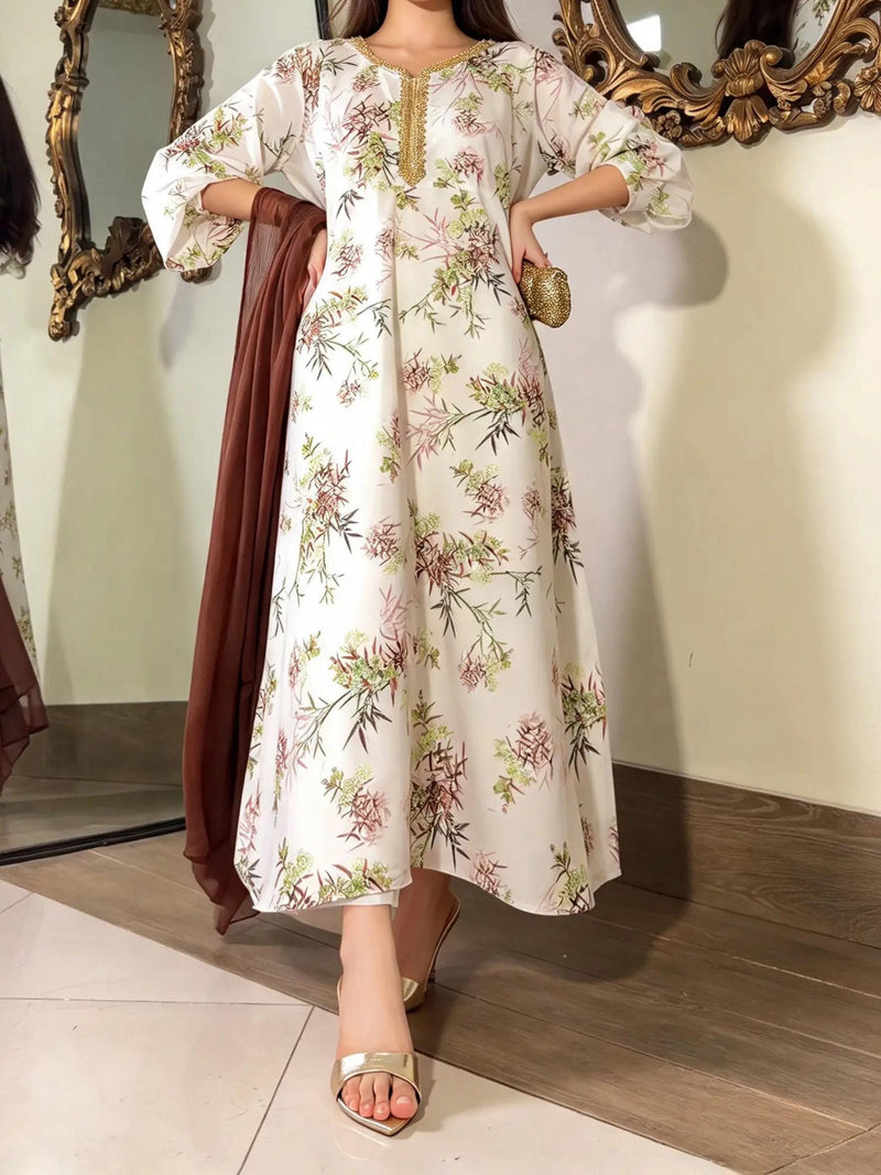 Off-White Printed Silk Long Frock Set