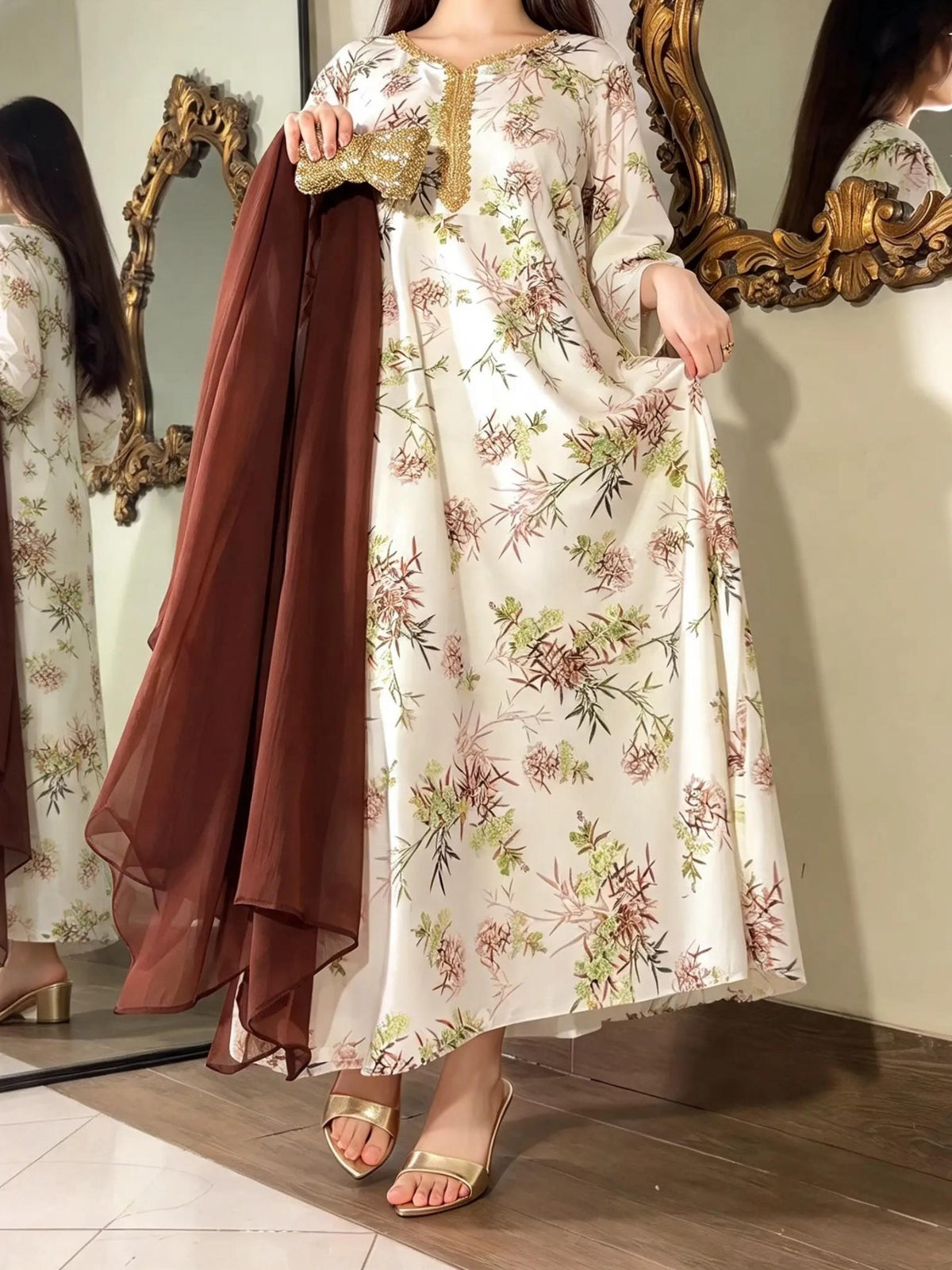 Off-White Printed Silk Long Frock Set