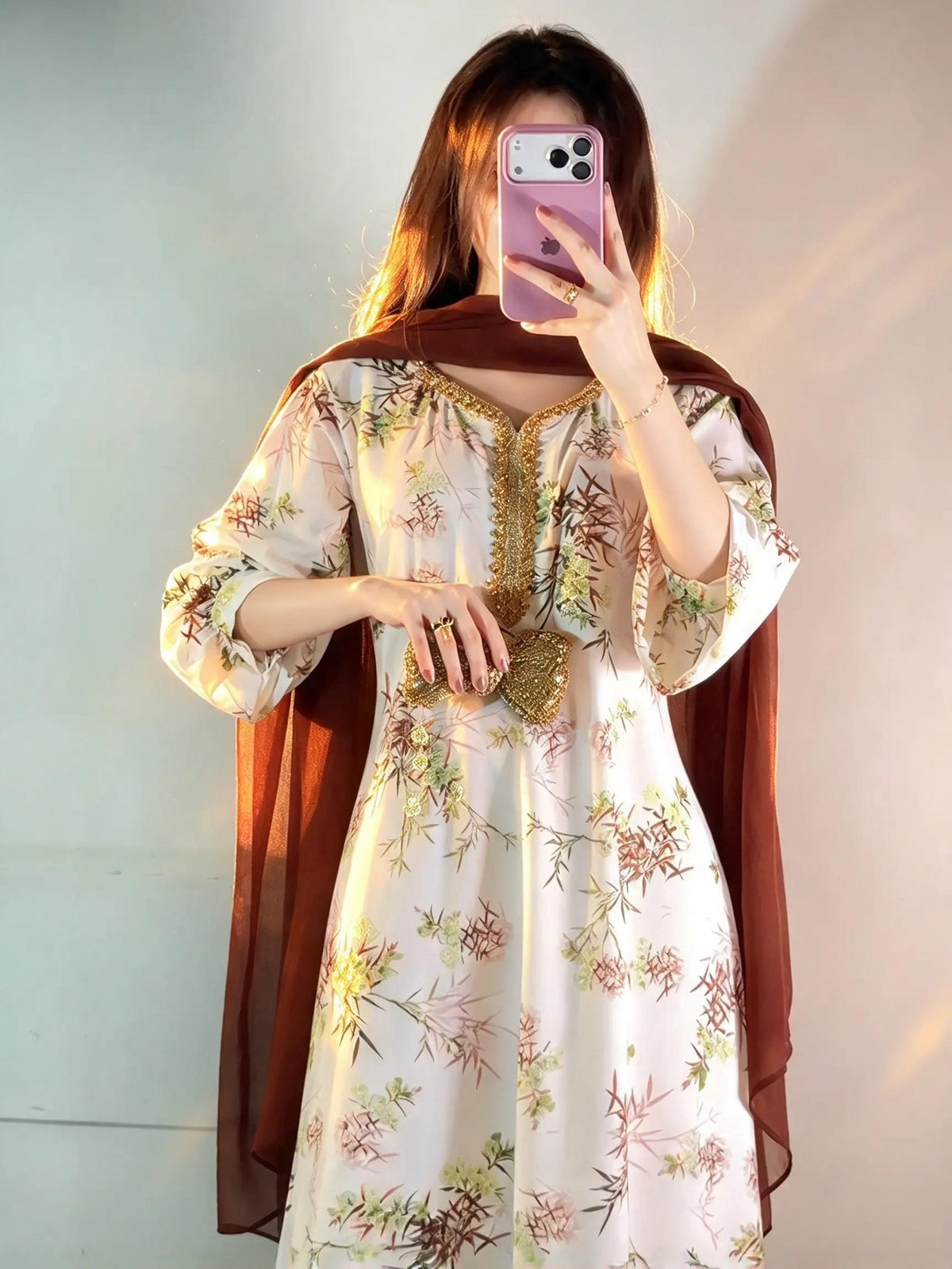 Off-White Printed Silk Long Frock Set