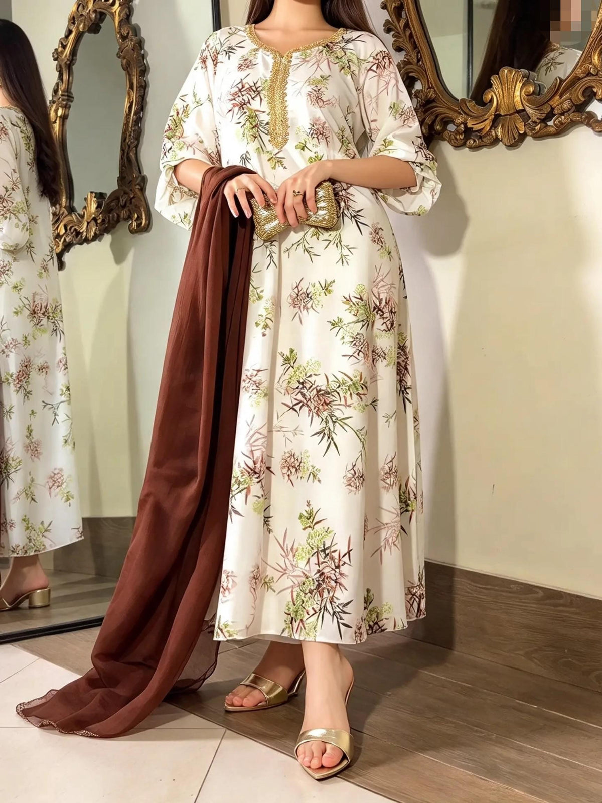 Off-White Printed Silk Long Frock Set
