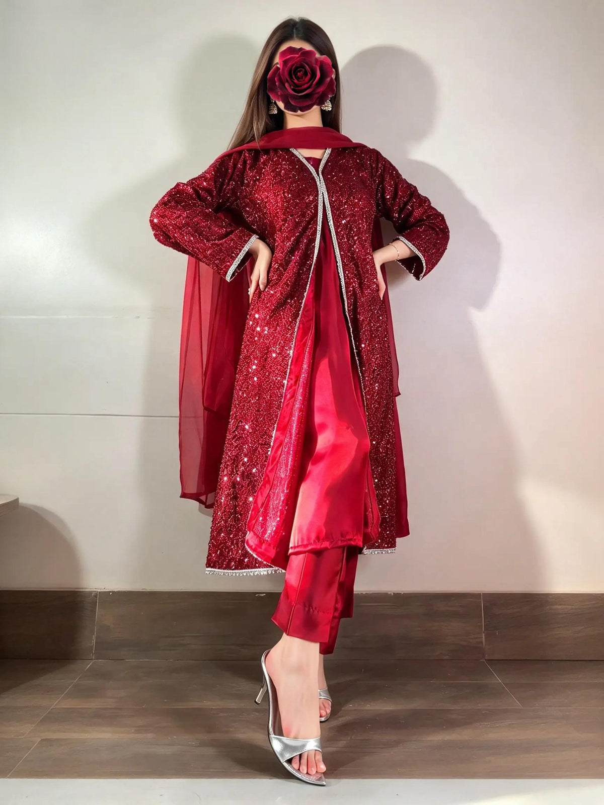 Red Sequin Jacket & Silk Trouser Set