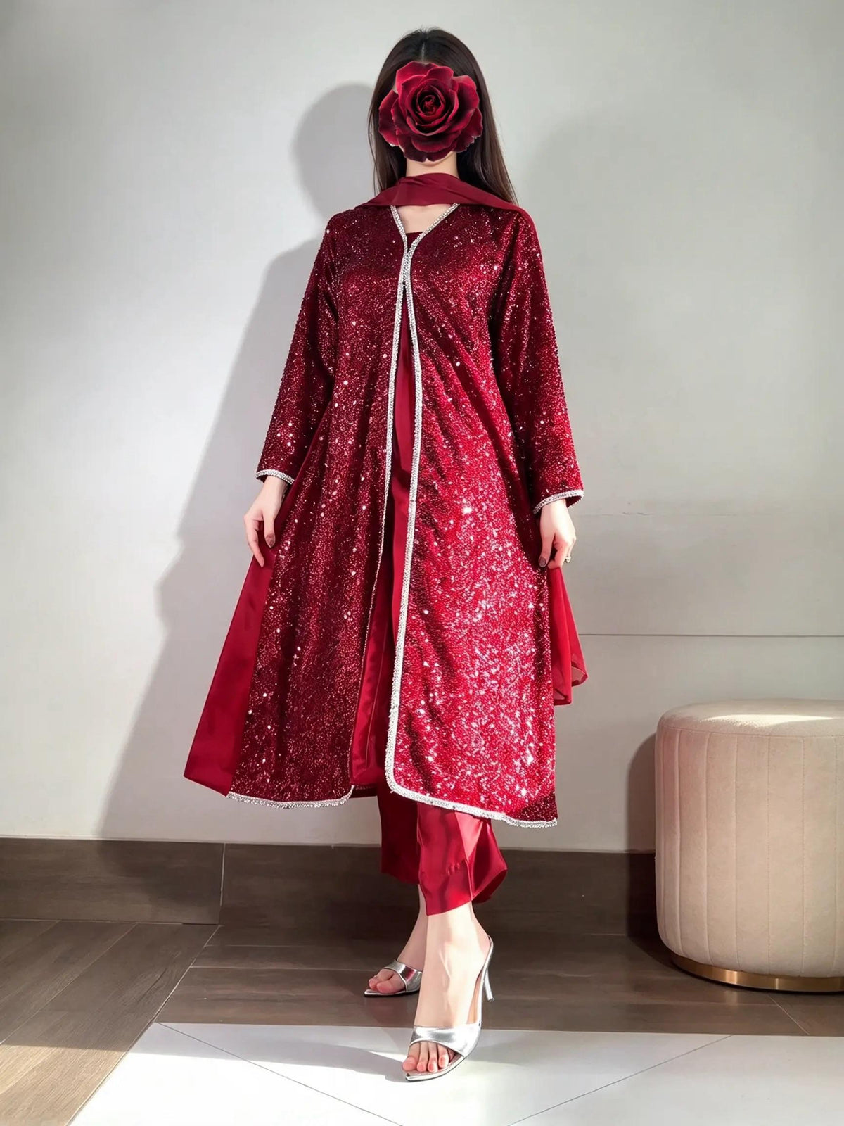 Red Sequin Jacket & Silk Trouser Set