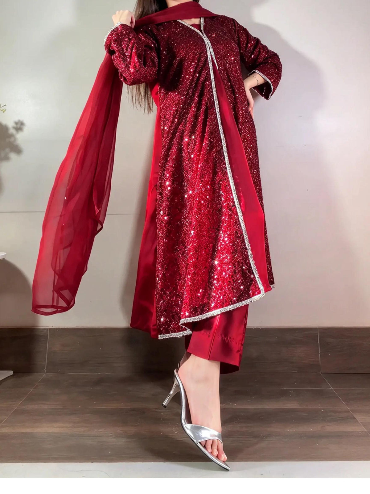 Red Sequin Jacket & Silk Trouser Set