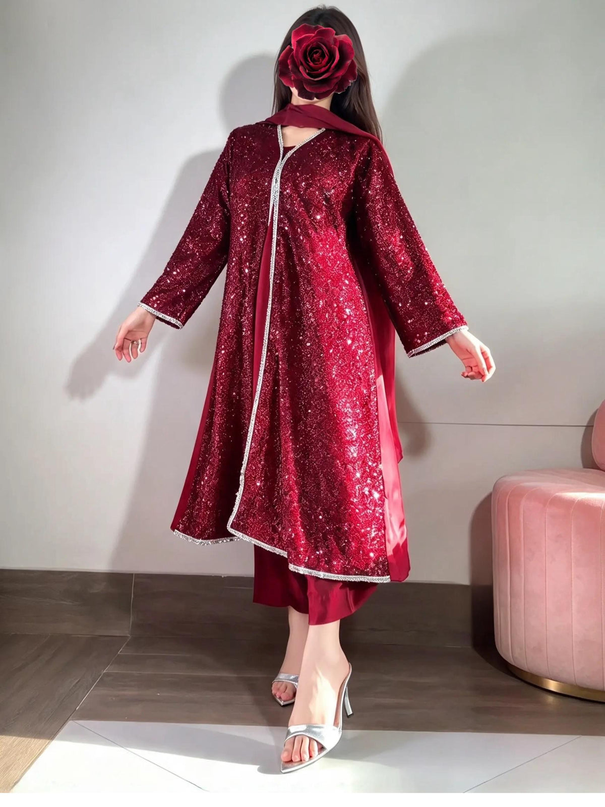 Red Sequin Jacket & Silk Trouser Set